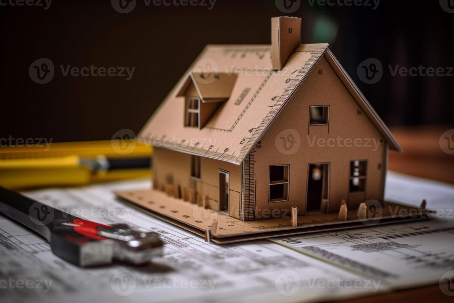 Cardboard house model with blueprint, key, and measuring tape photo