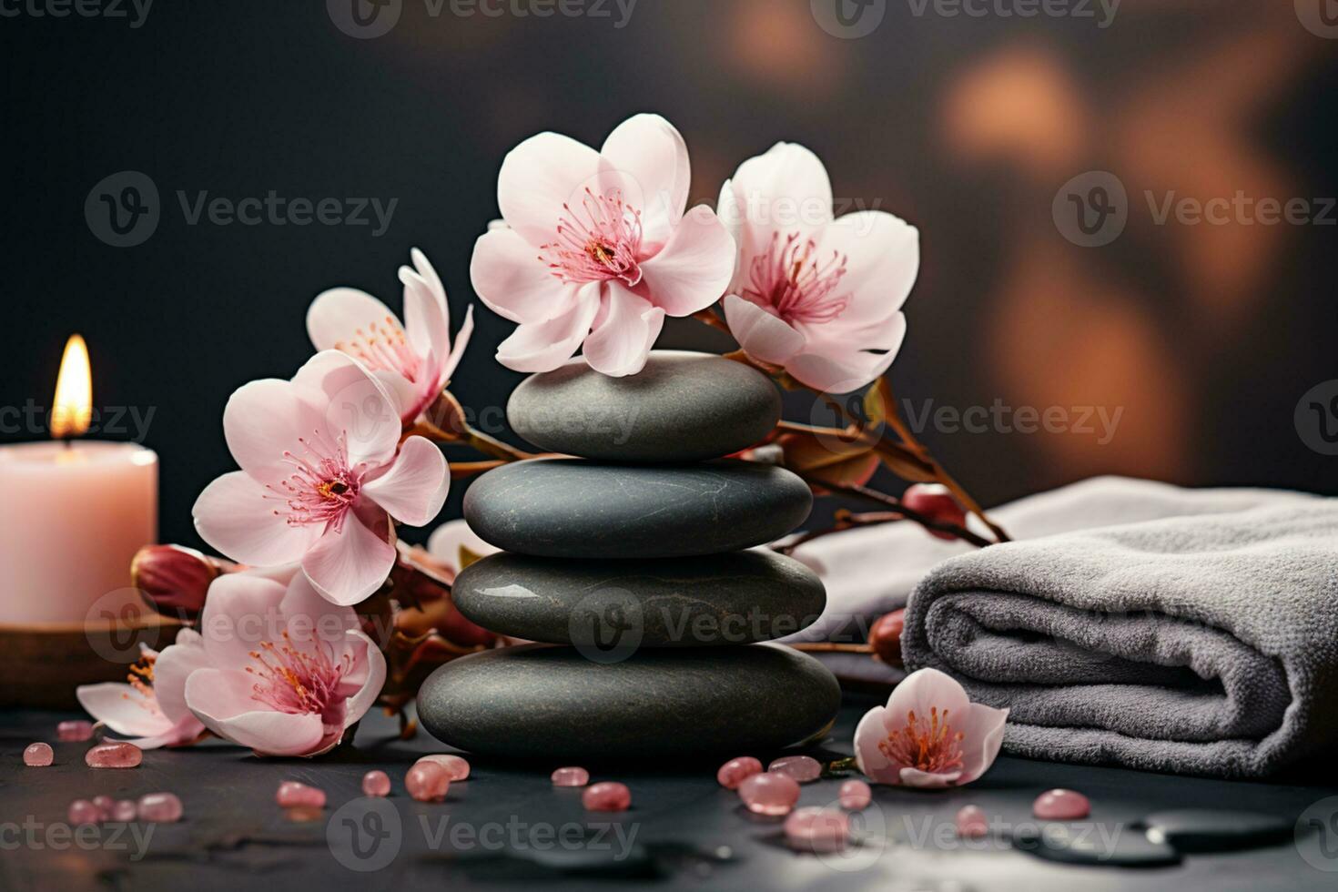 A front view of spa stones, pink flowers, towels, creating a soothing wellness banner AI Generated photo