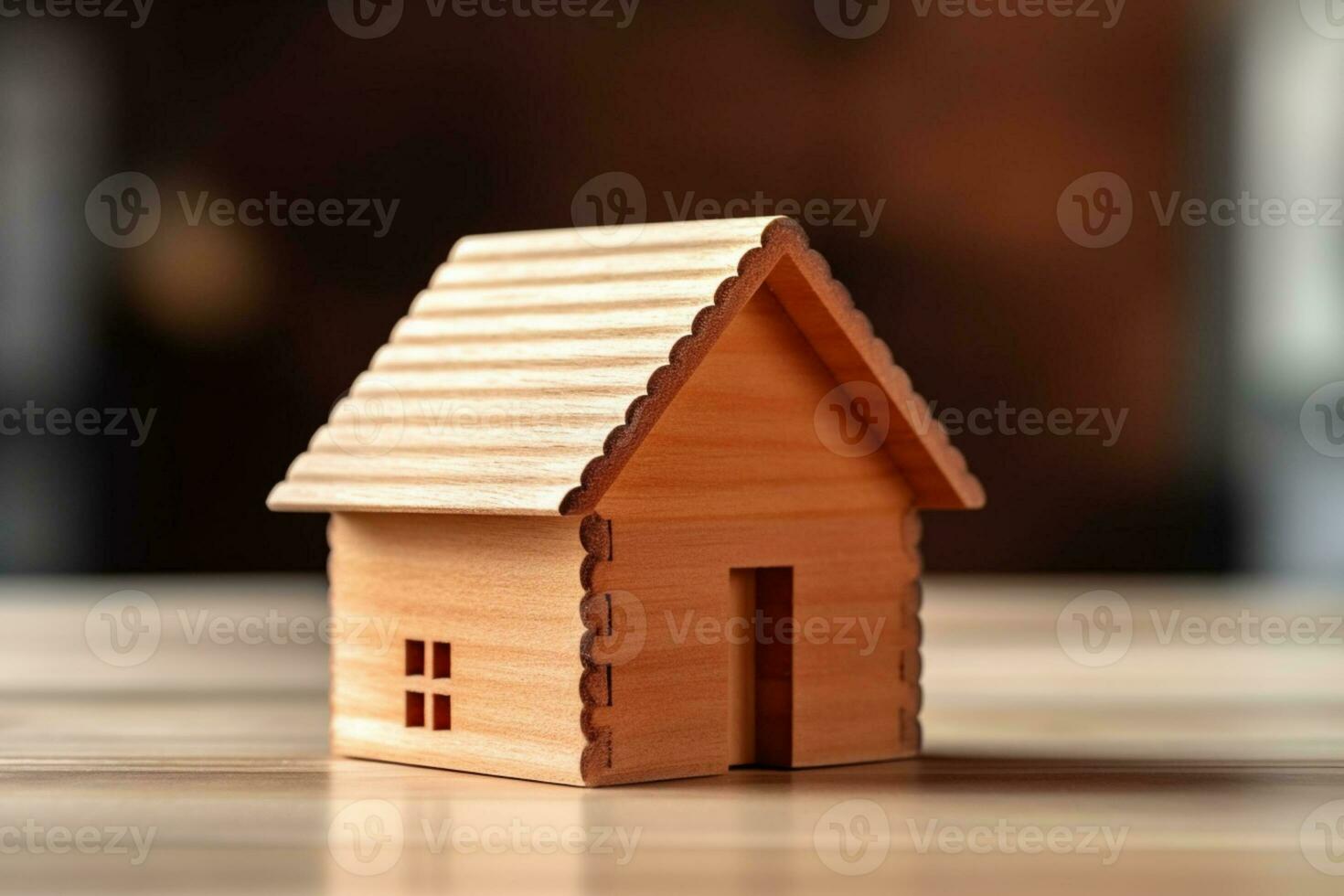 Symbolic wooden house model on wood background, signifying construction and environment AI Generated photo