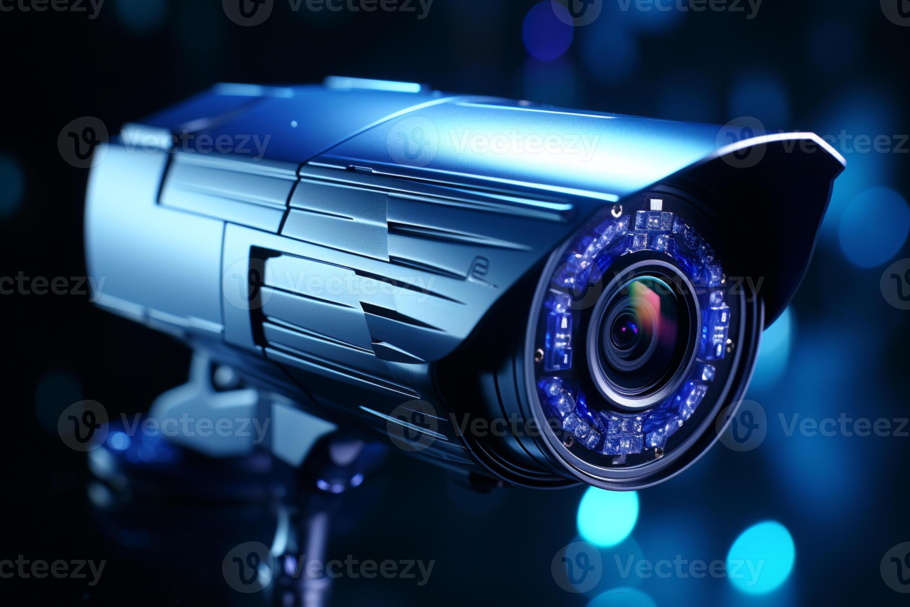 Secure surroundings, White glossy security cameras with hologram glow