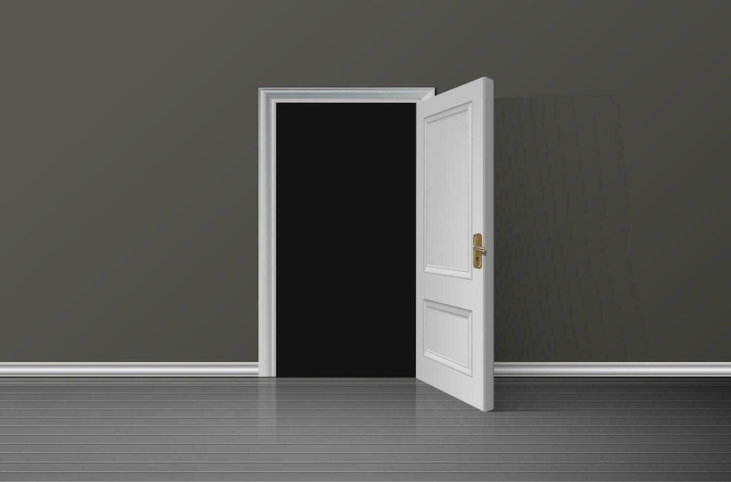 3d realistic vector illustration background. Open white wooden door with darkness inside the room.