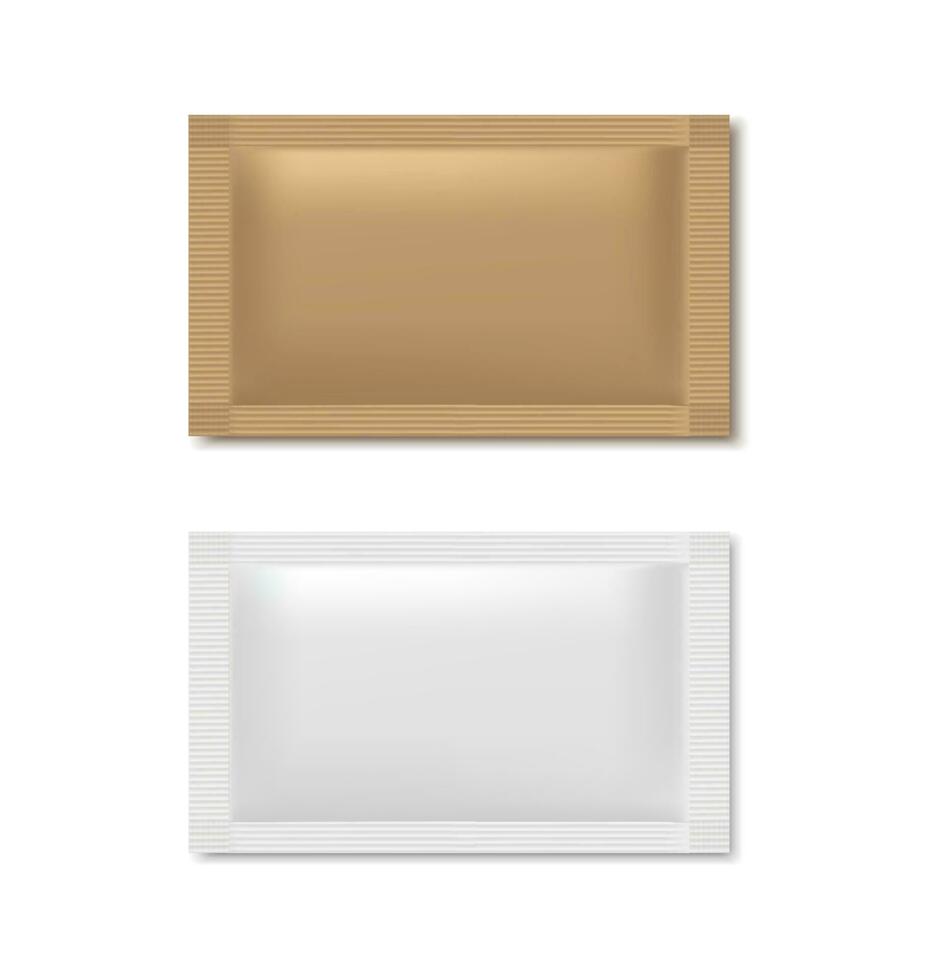 3d realistic vector icon illustration. White and brown sugar sachet. Isolated on white background.
