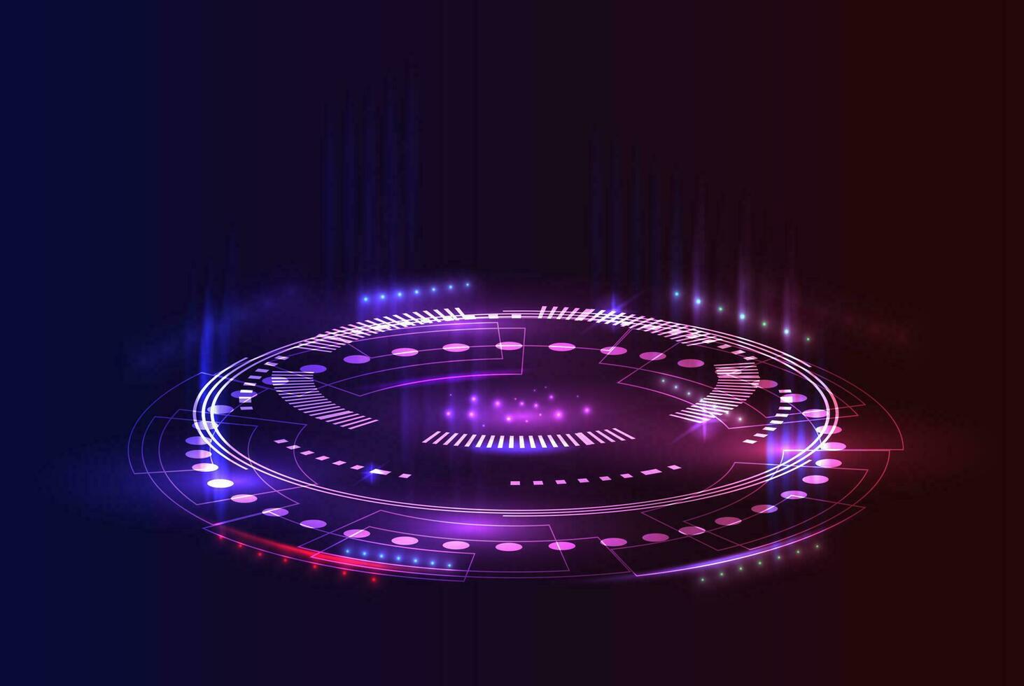 Futuristic sci-fi on neon purple background. Purple circle portal with light flares and sparkles. vector