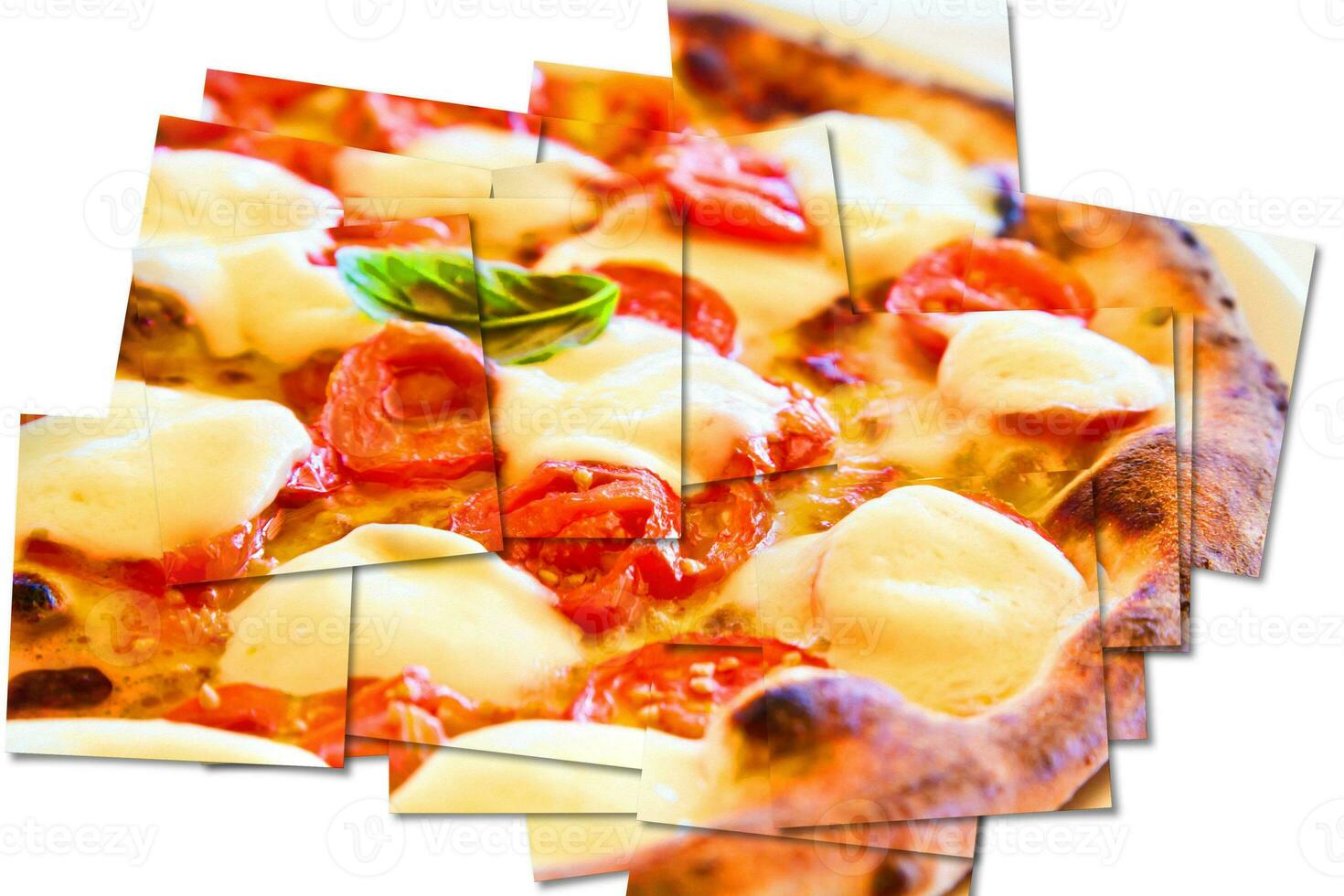 Creative picture of Pizza Margherita with Mozzarella cheese, basil and tomatoes. photo