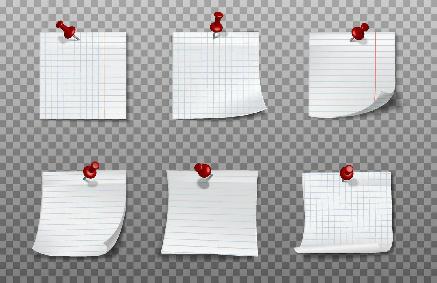 3d realistic vector white paper squares for notes pinned to the wall with red paper pins.