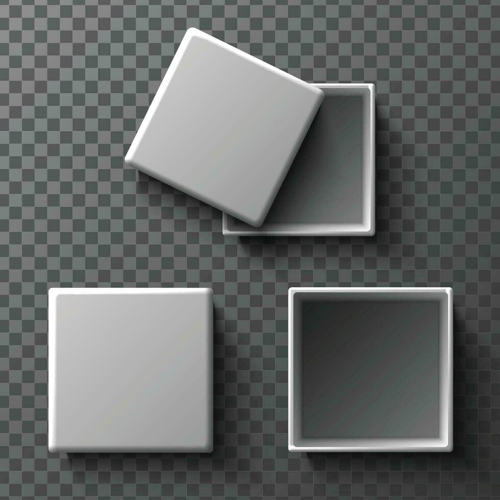 3d realistic vector mock up white boxes with and without cover. Isolated illustration icon on background. Top view.