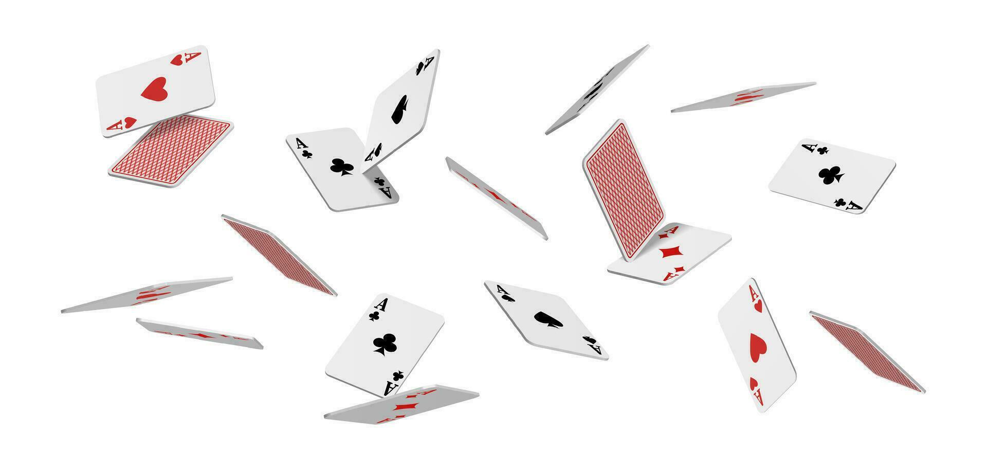 3d realistic vector icon. Flying playing cards of aces of diamonds clubs spades and hearts on white background, falling on the table.