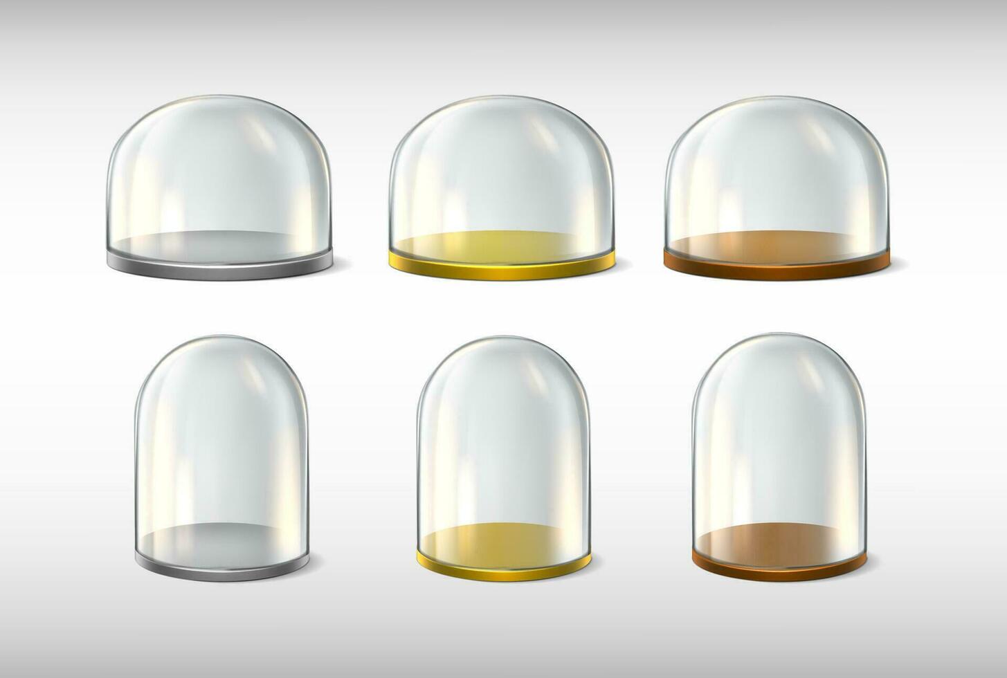 Collection of glass domes on the tray. 3d realistic vector icon.  Transparent protective cover. Snow globe, souvenir or kitchen glassware.