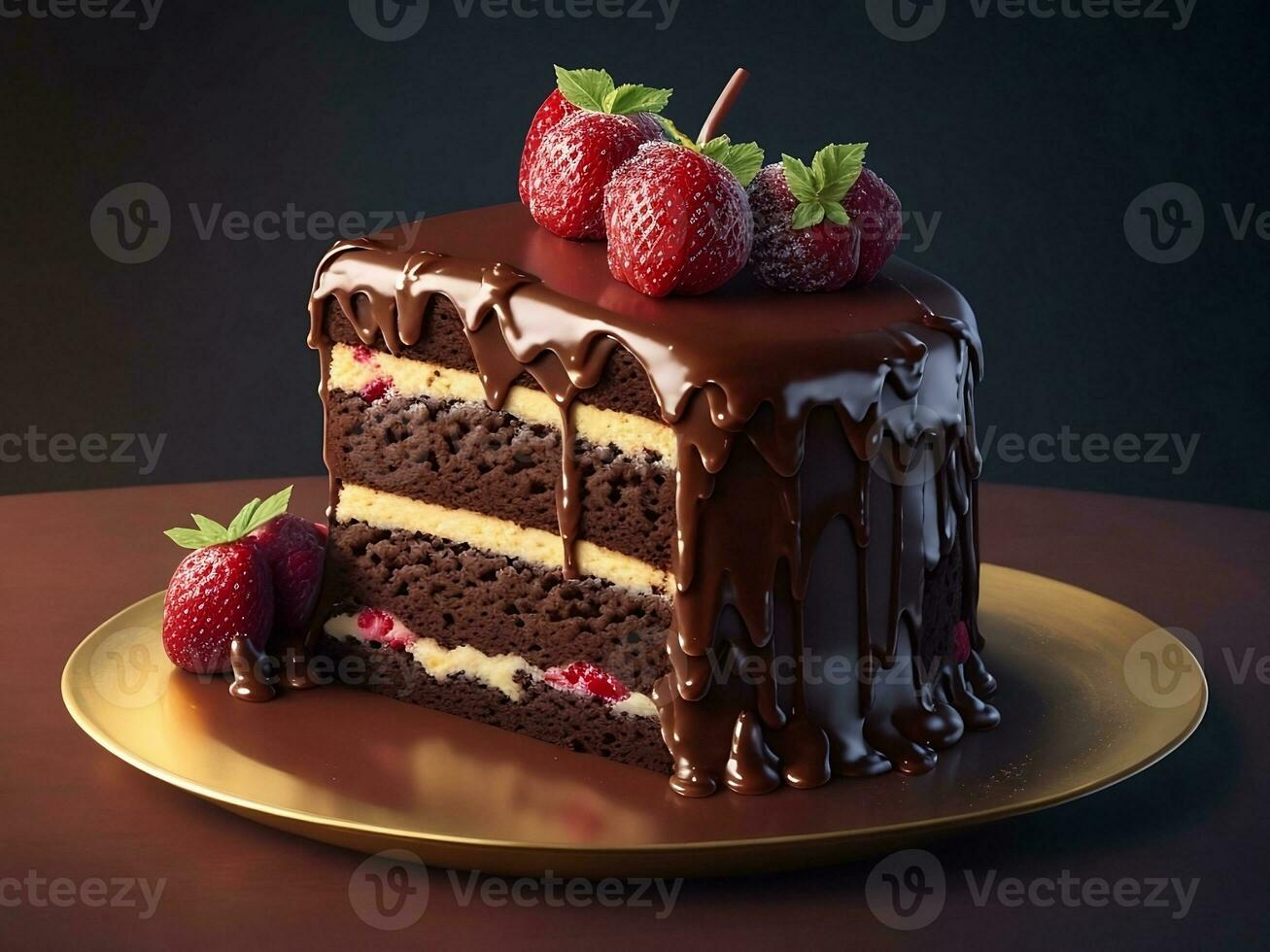 chocolate pastel cortar dentro rebanadas coronado con fresa Fruta en un dorado lámina, de cerca, desde ai, genera foto