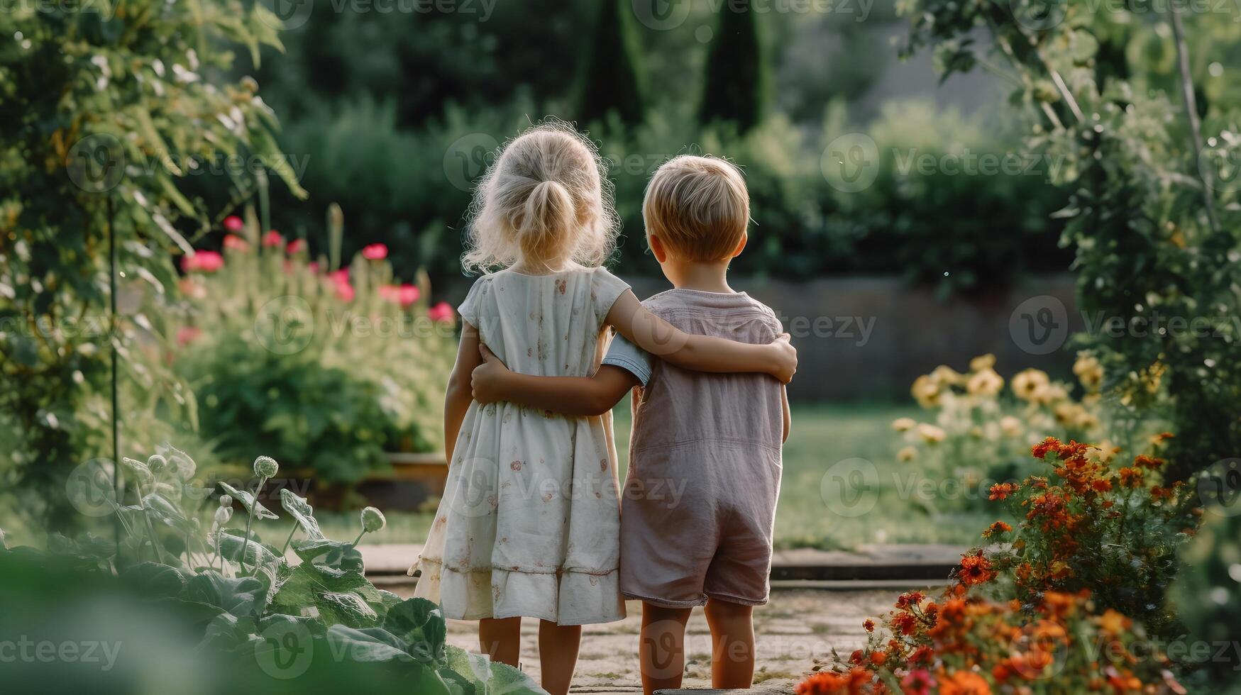 friendship of two girls in a park and embracing each other's hands photo