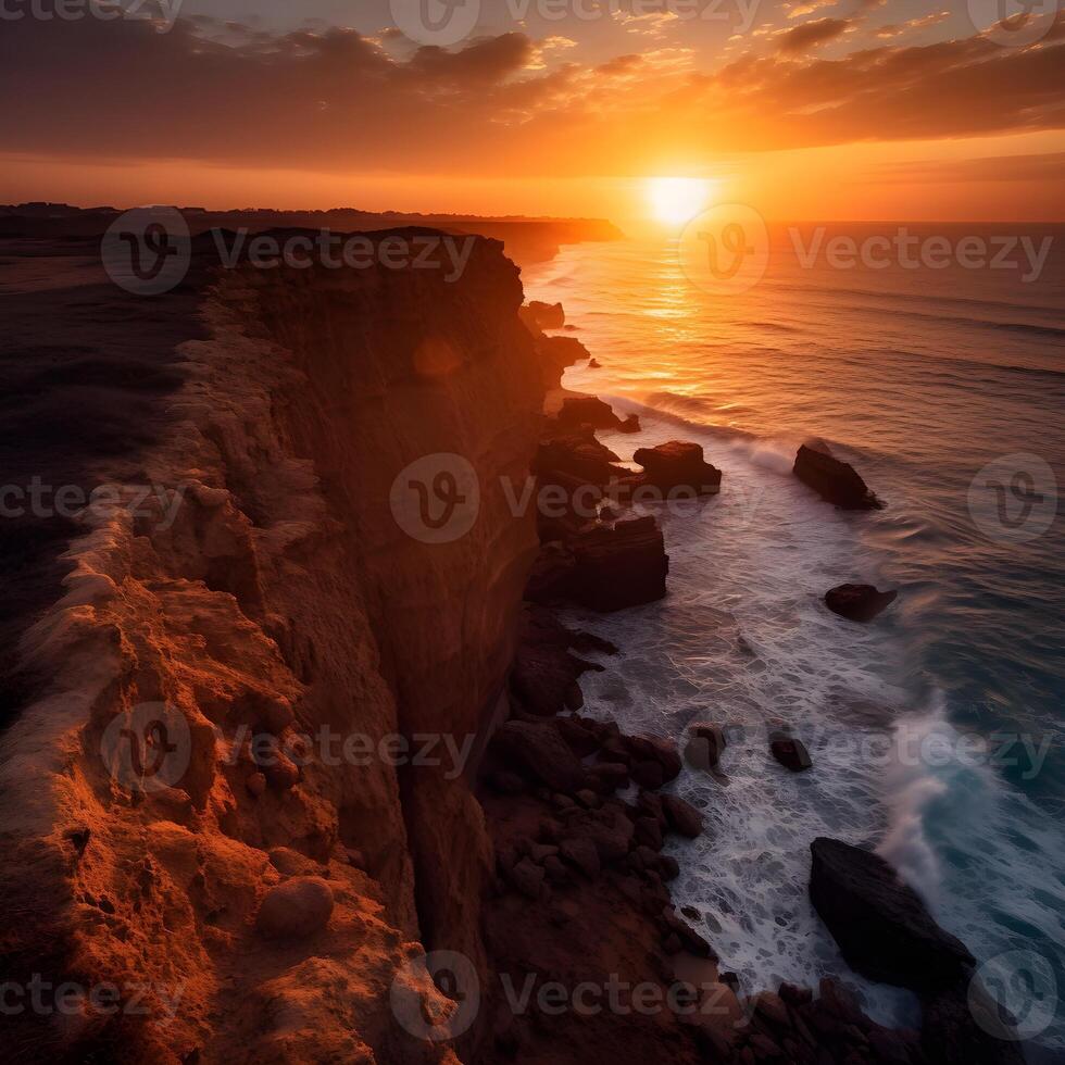 sunset view of the beach with high cliffs photo