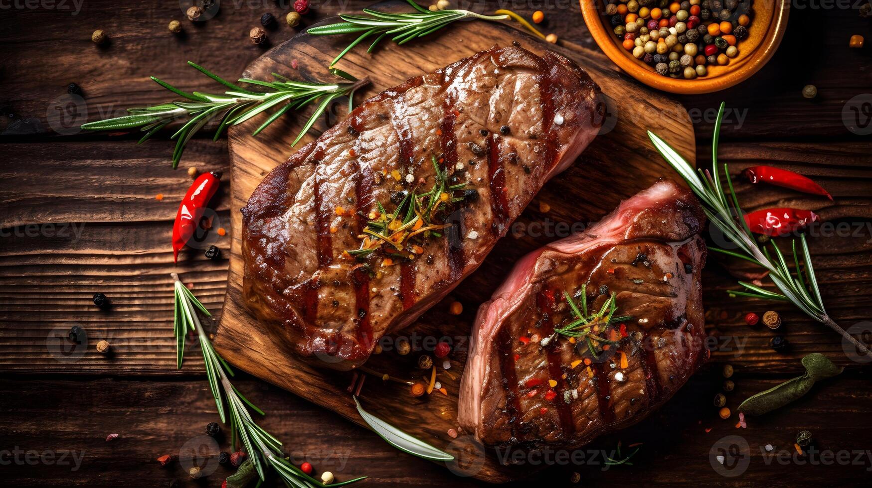 Half-cooked beef with spices on a wooden table photo
