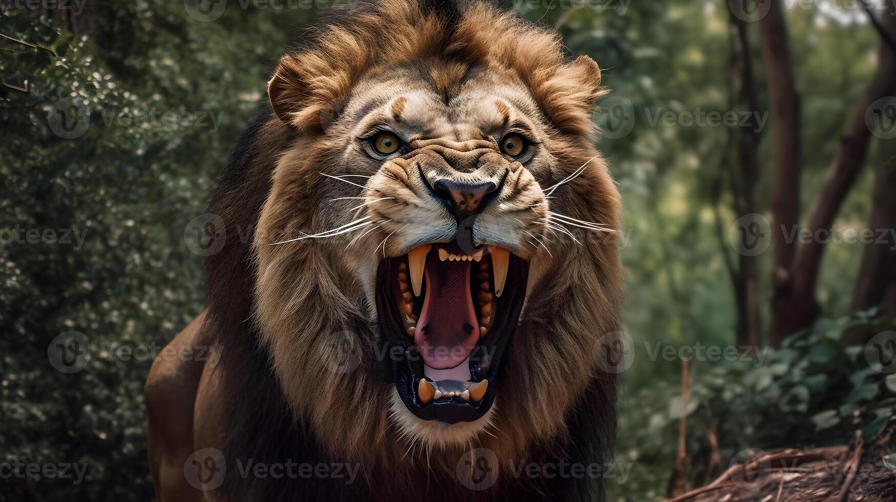close up of a lion with a wide mouth and a stout body photo