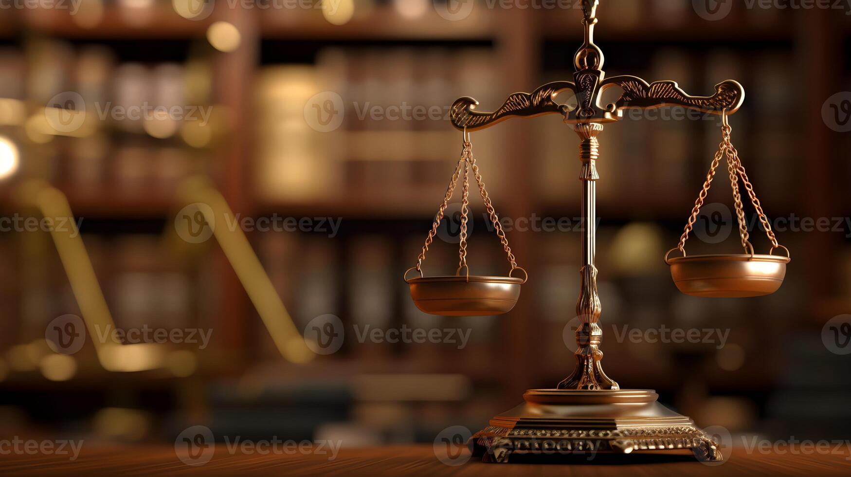 scales of justice against a blurred background of a bookshelf photo