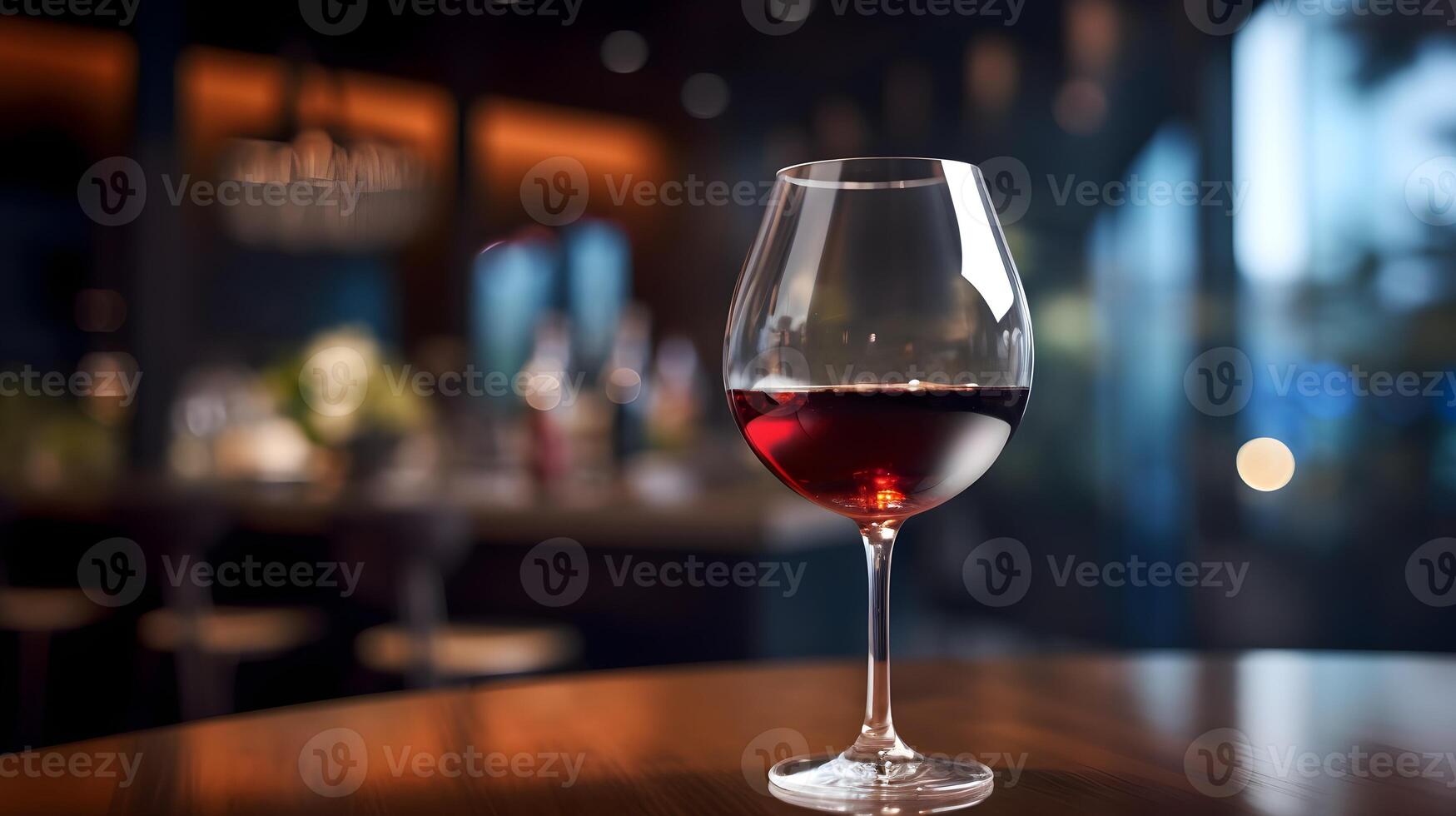 vino en un vaso en un Bebiendo bar con un borroso antecedentes ai generado foto