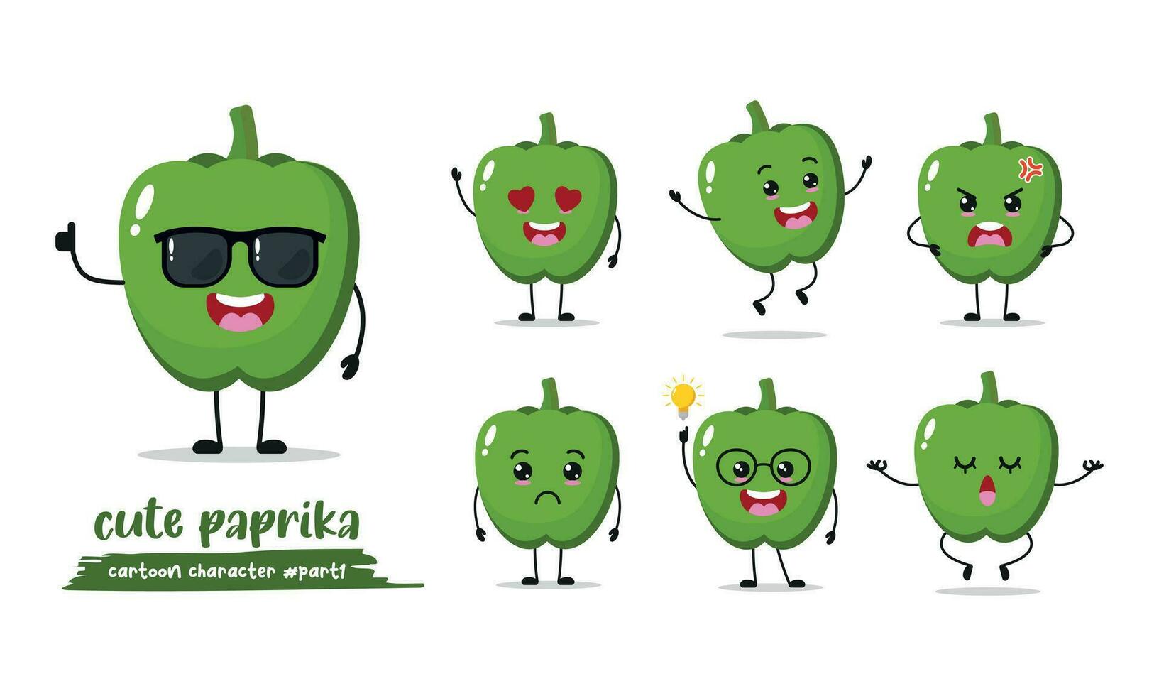 funny green paprika cartoon with many expressions. vegetable different activity vector illustration flat design bell pepper