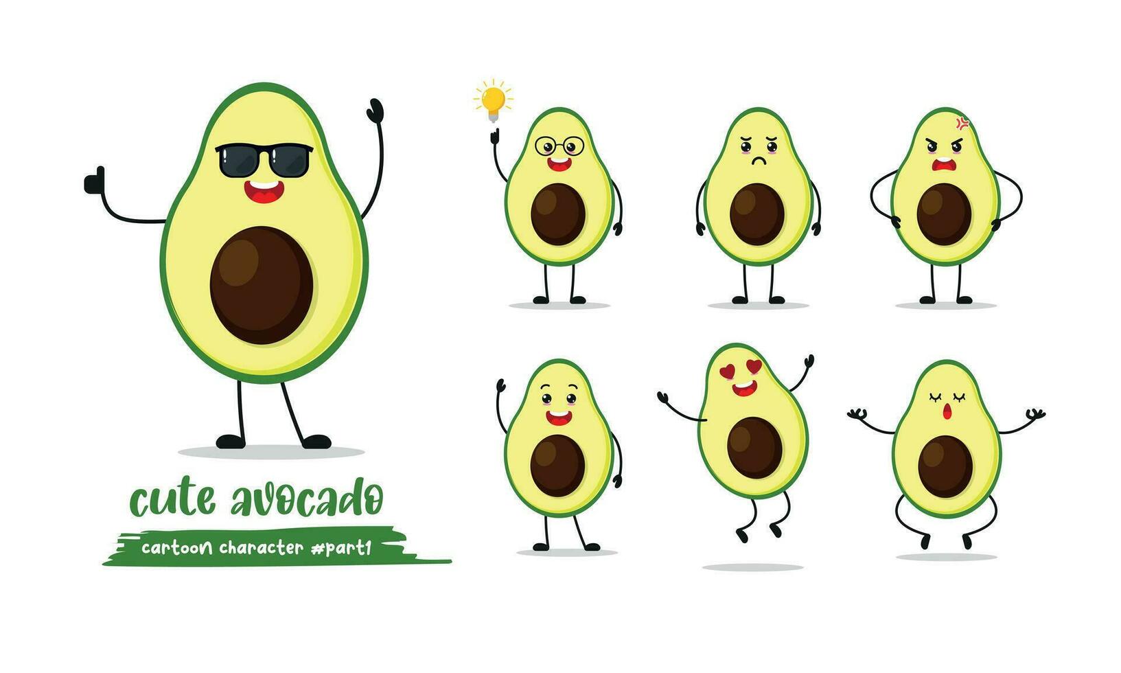 cute green avocado fruit with different emotion. Set of emoticon many face expression. Funny cartoon character vector illustration.
