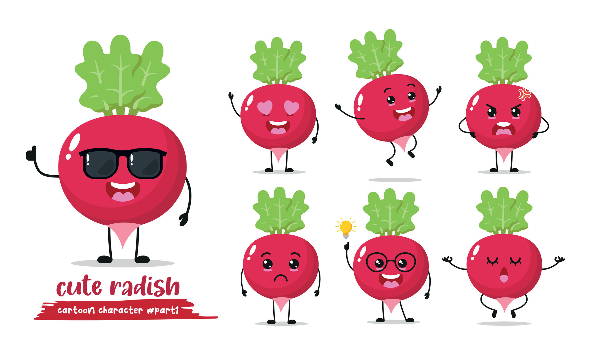 funny radish cartoon with many expressions. vegetable different