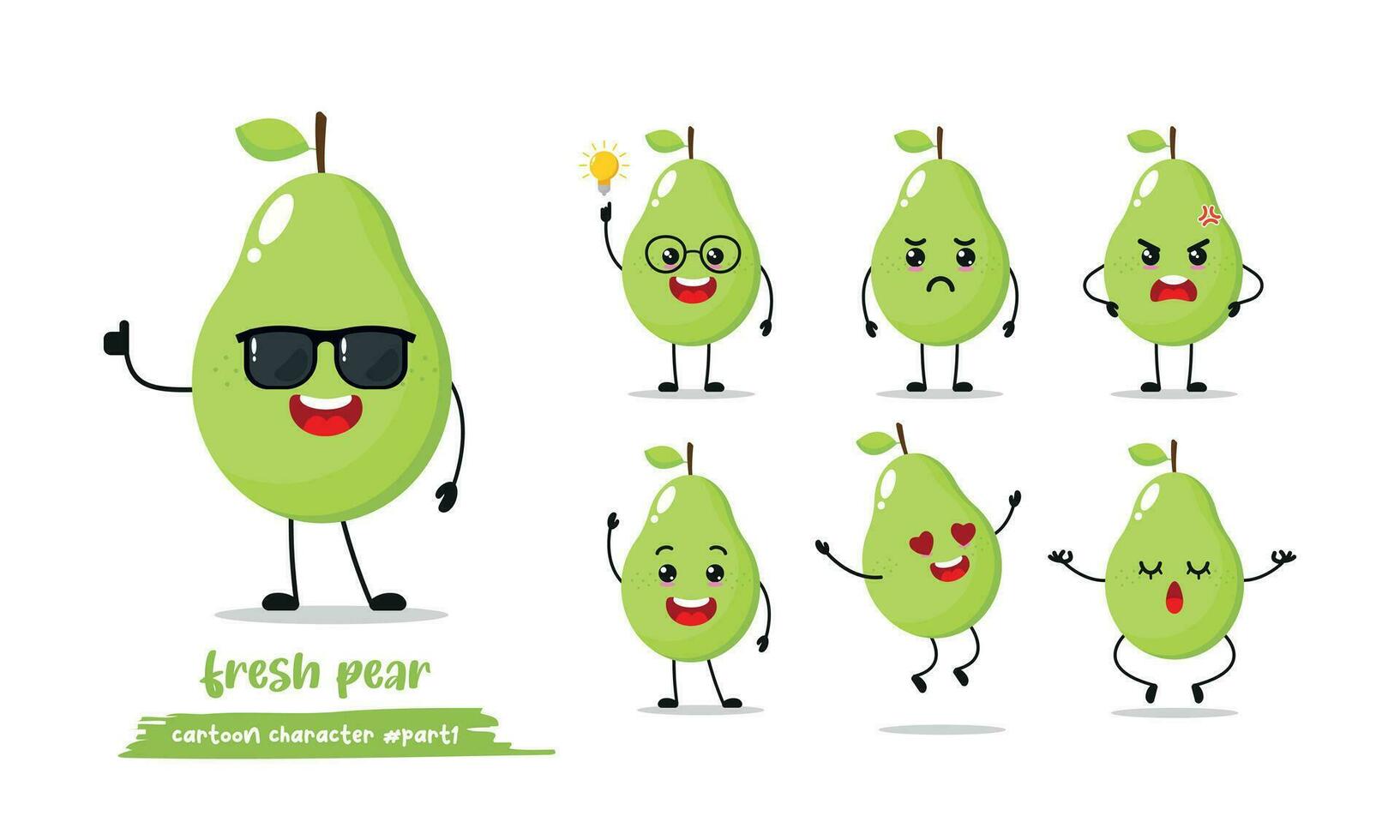 funny pears with many expressions. different fruit activity vector illustration flat design.