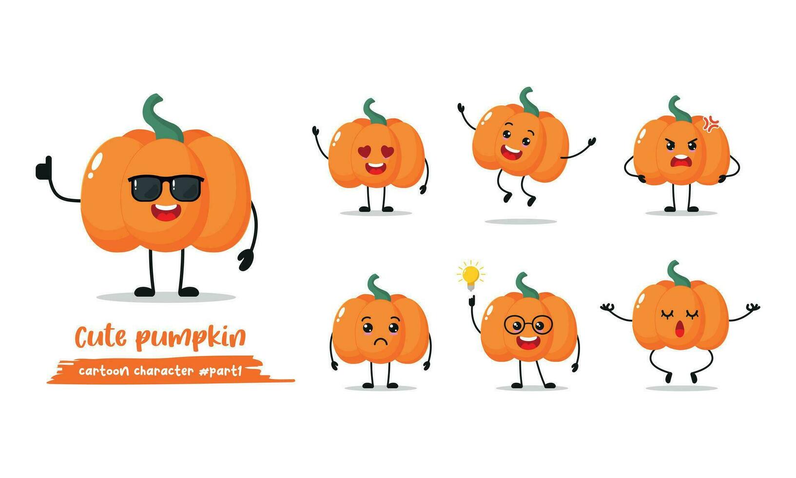 cute pumpkin wear sunglasses different activity face emotion. vegetable with many activity vector illustration flat design.