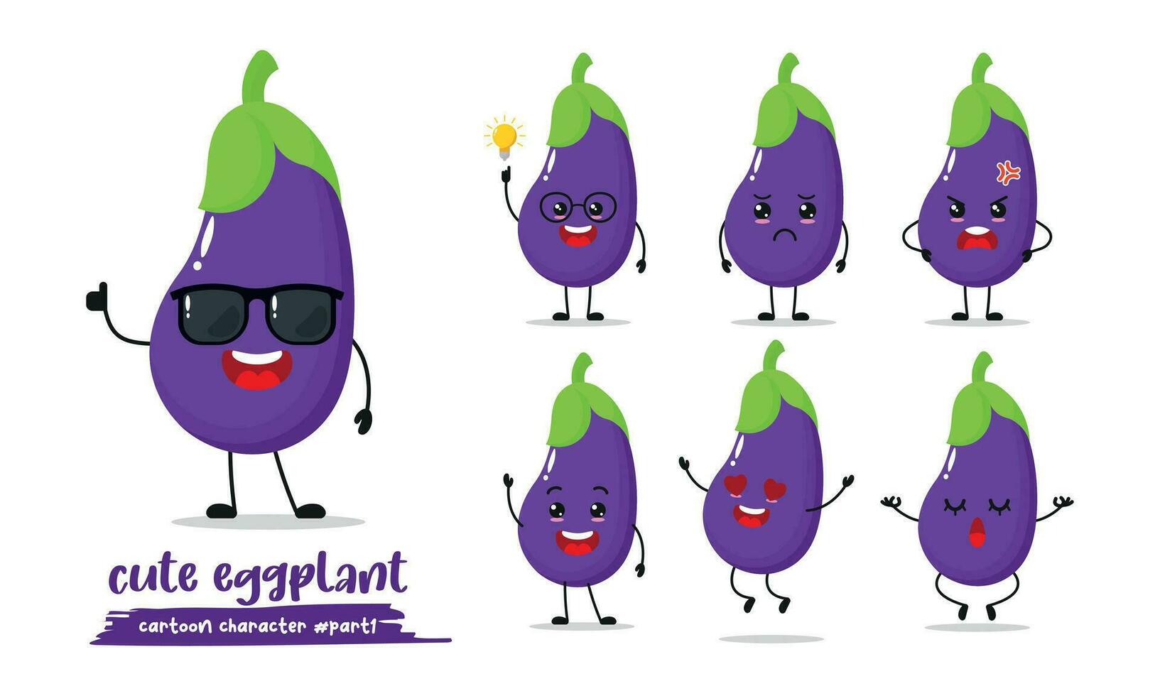 different activity face expression of eggplant emotion. vegetable with many activity vector illustration flat design.
