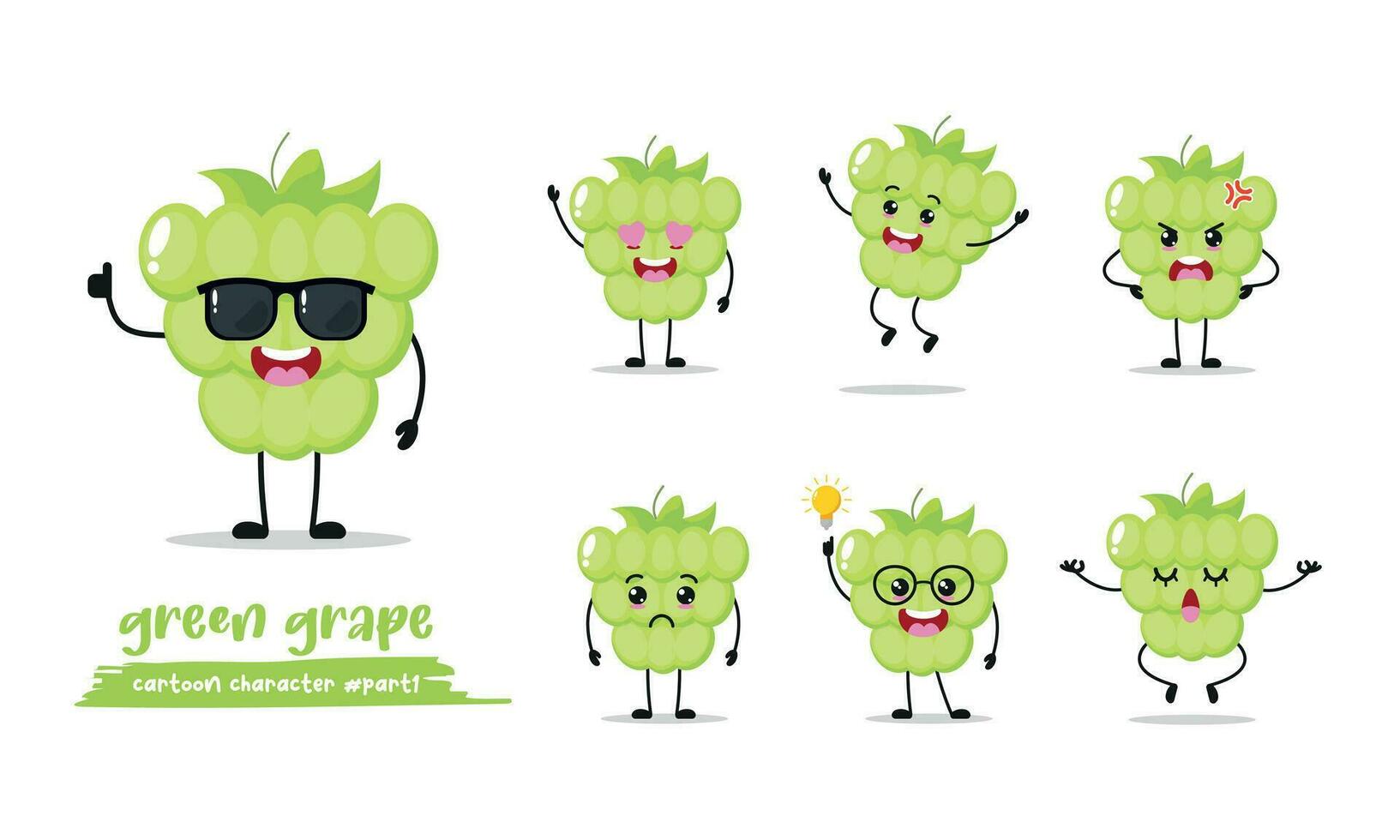cute green grape different activity expression emotion. fruit with many activity vector illustration flat design.