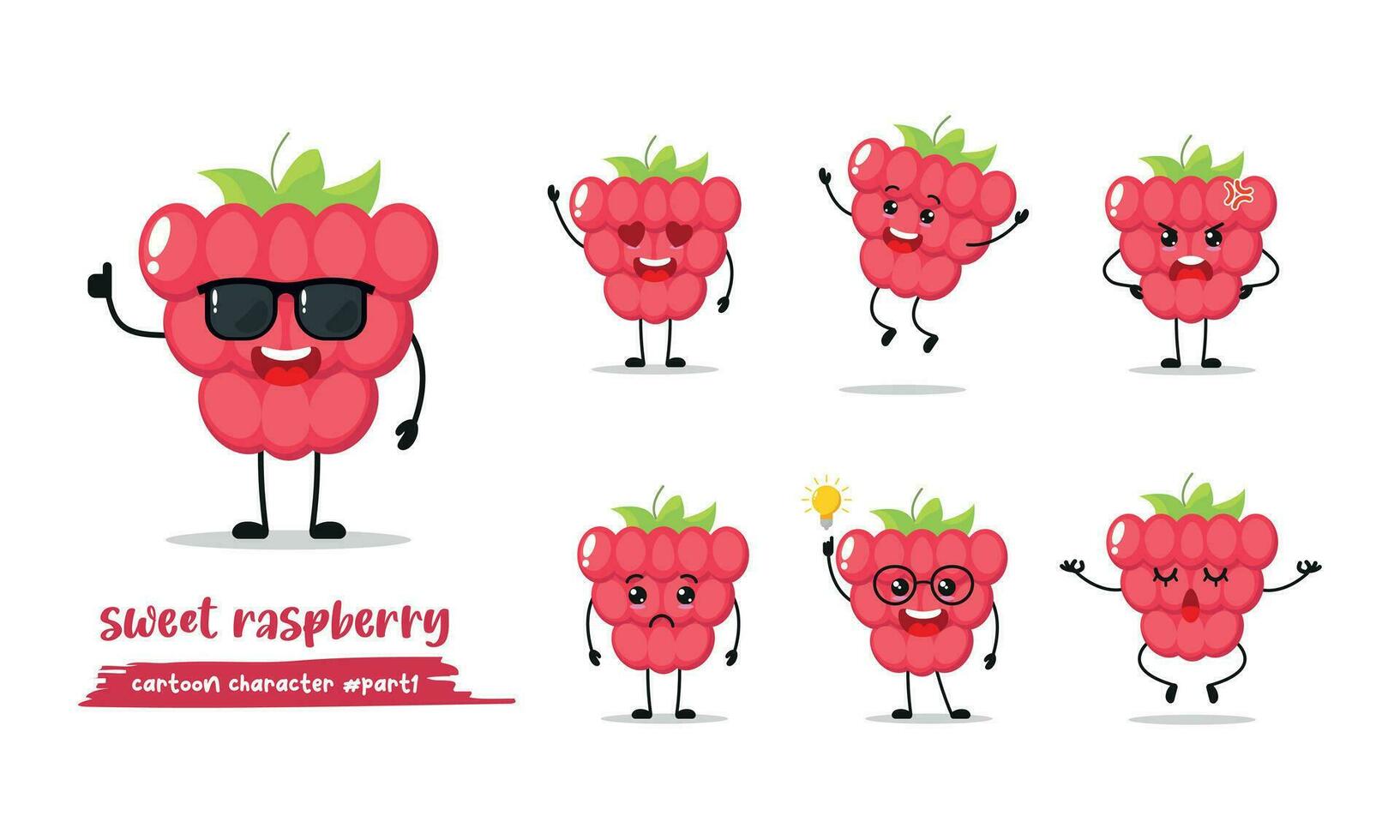 cool raspberry different activity expression emotion. fruit with many activity vector illustration flat design.