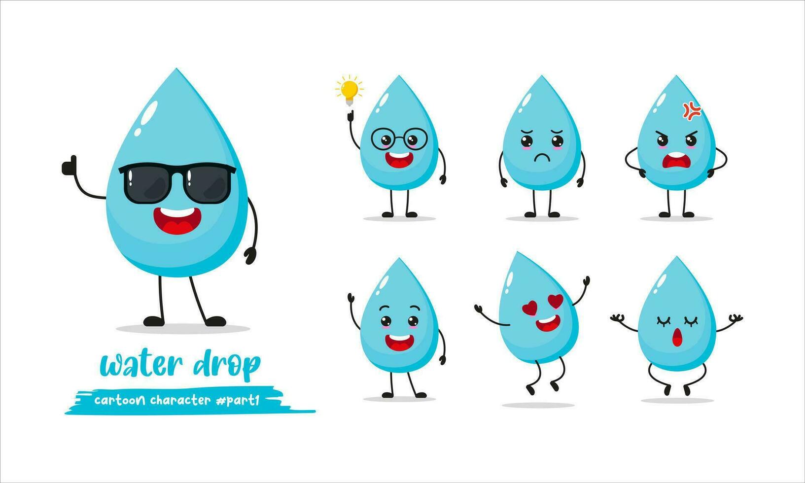 water drop cartoon wear sunglasses with many expressions. different aqua activity vector illustration flat design.