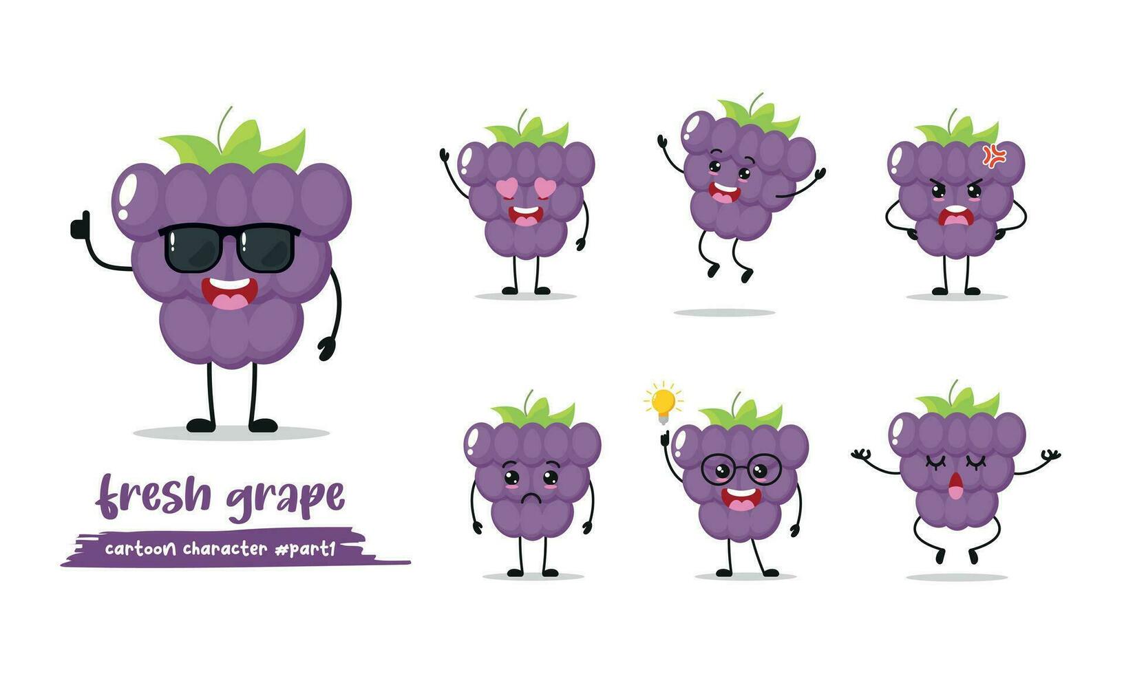 linda uva con diferente actividad cara expresión. Fruta con muchos emoción vector ilustración plano diseño.