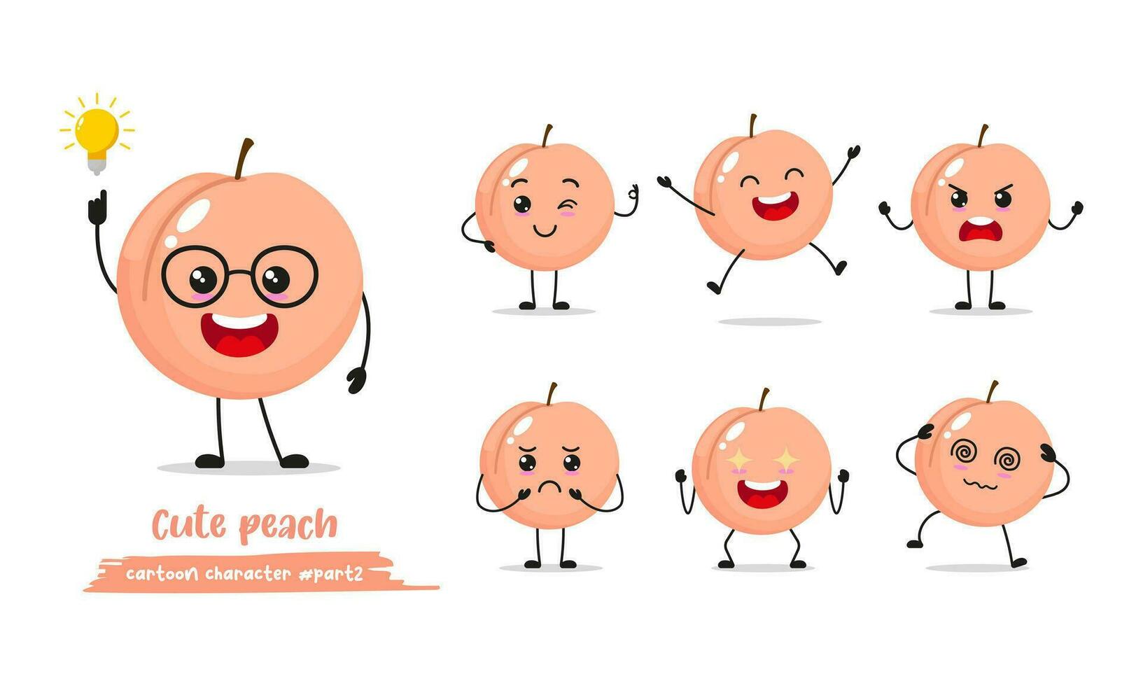 pink peach cartoon with many expressions. different fruit activity vector illustration flat design. smart peach for children story book.