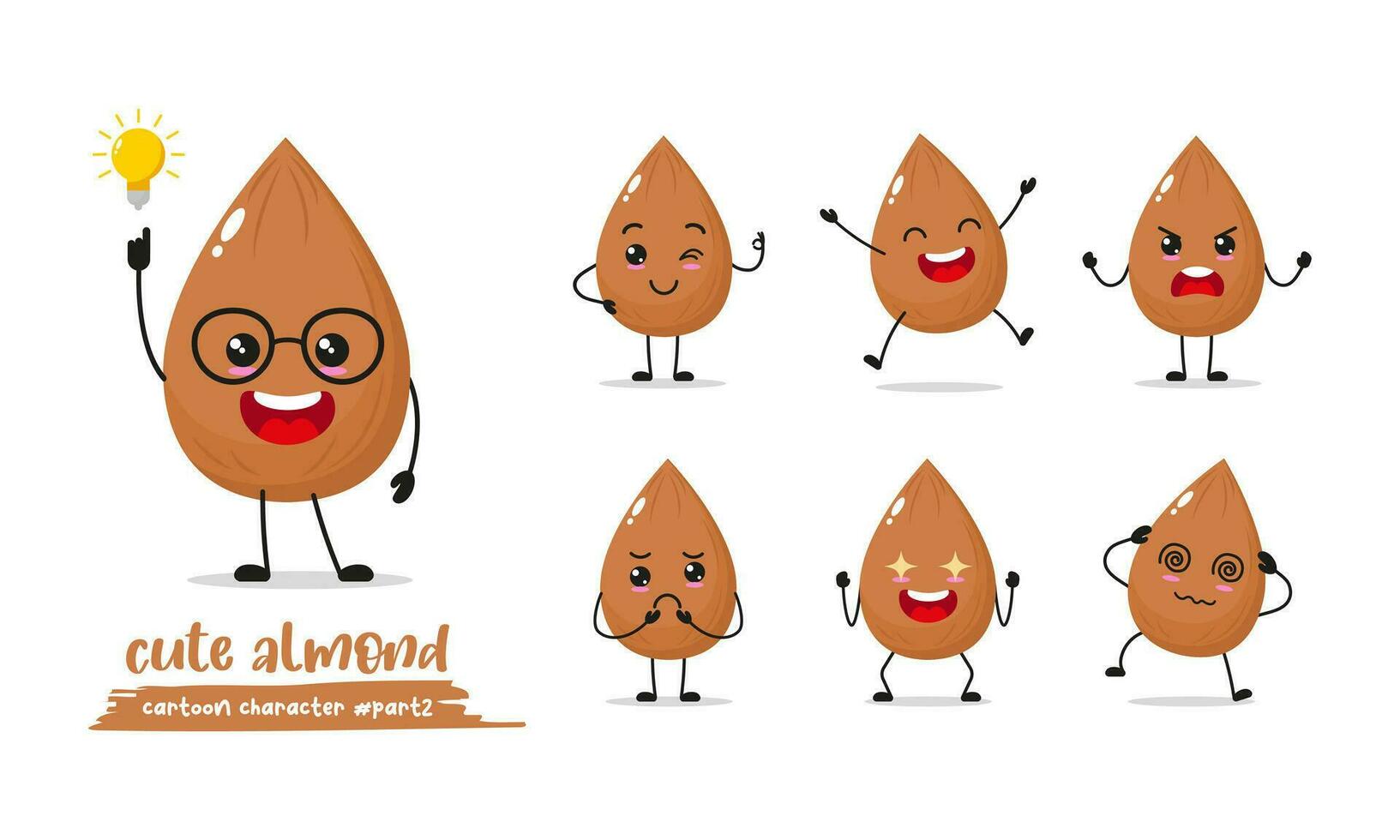 Almond cartoon with many expressions. different Grain activity vector illustration flat design. Funny Almond for children story book.
