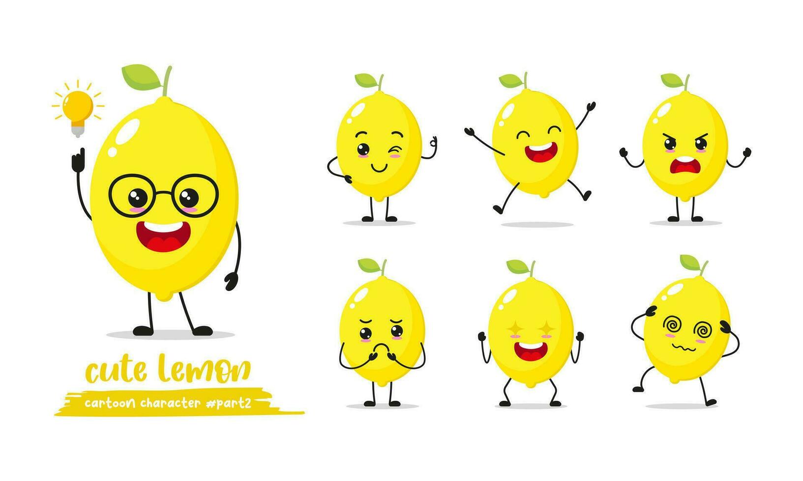yellow lemon cartoon with many expressions. different fruit activity vector illustration flat design. smart lemon for children story book.