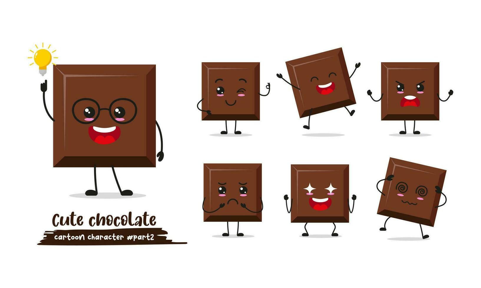 chocolate dibujos animados con muchos expresiones diferente postre actividad vector ilustración plano diseño. gracioso chocolate conjunto para niños historia libro.