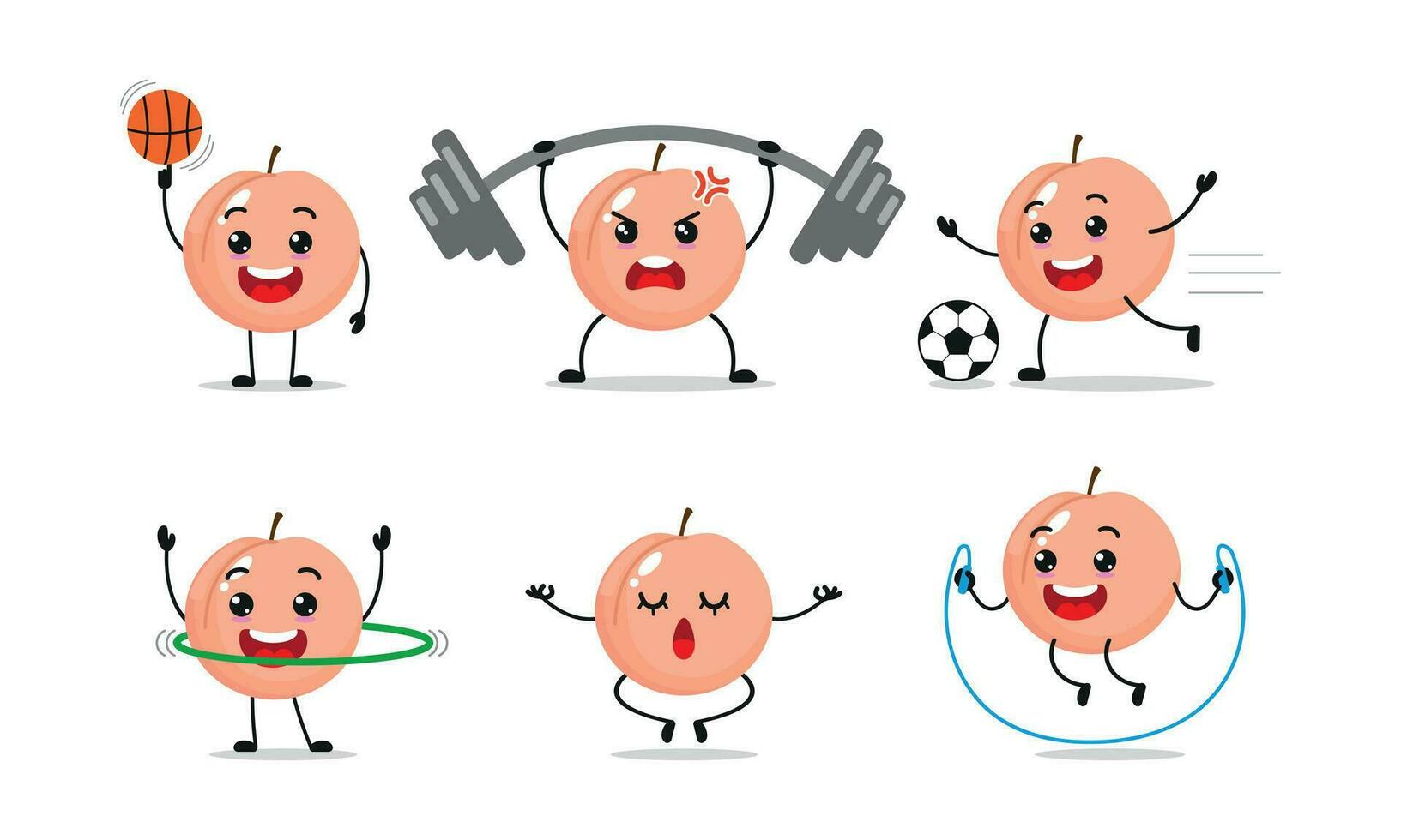 melocotón ejercicio diferente deporte actividad vector ilustración pegatina. Fruta muchos cara expresión colocar.