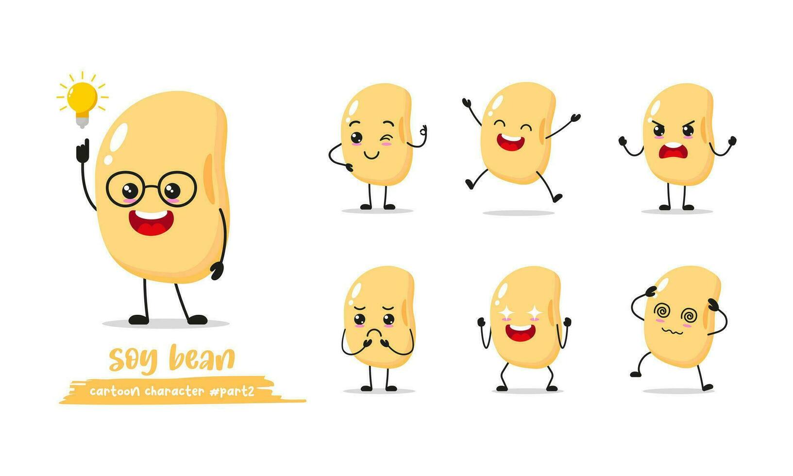 Soy Bean cartoon with many expressions. different Vegetable activity vector illustration flat design. smart Soy Bean for children story book.