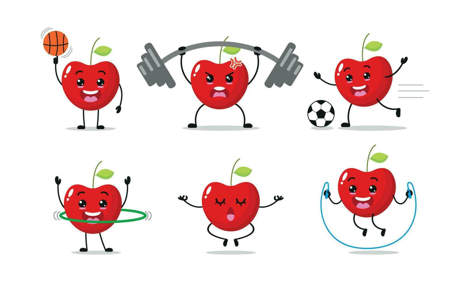 Cereza ejercicio diferente deporte actividad vector ilustración pegatina. Fruta muchos cara expresión colocar.