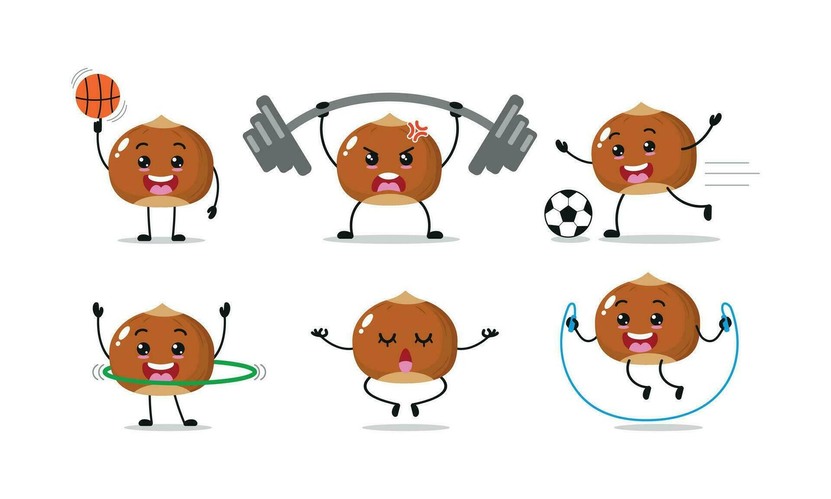 Hazelnut Exercise Different Sport Activity Vector Illustration Sticker. Nut Many Face expression set.