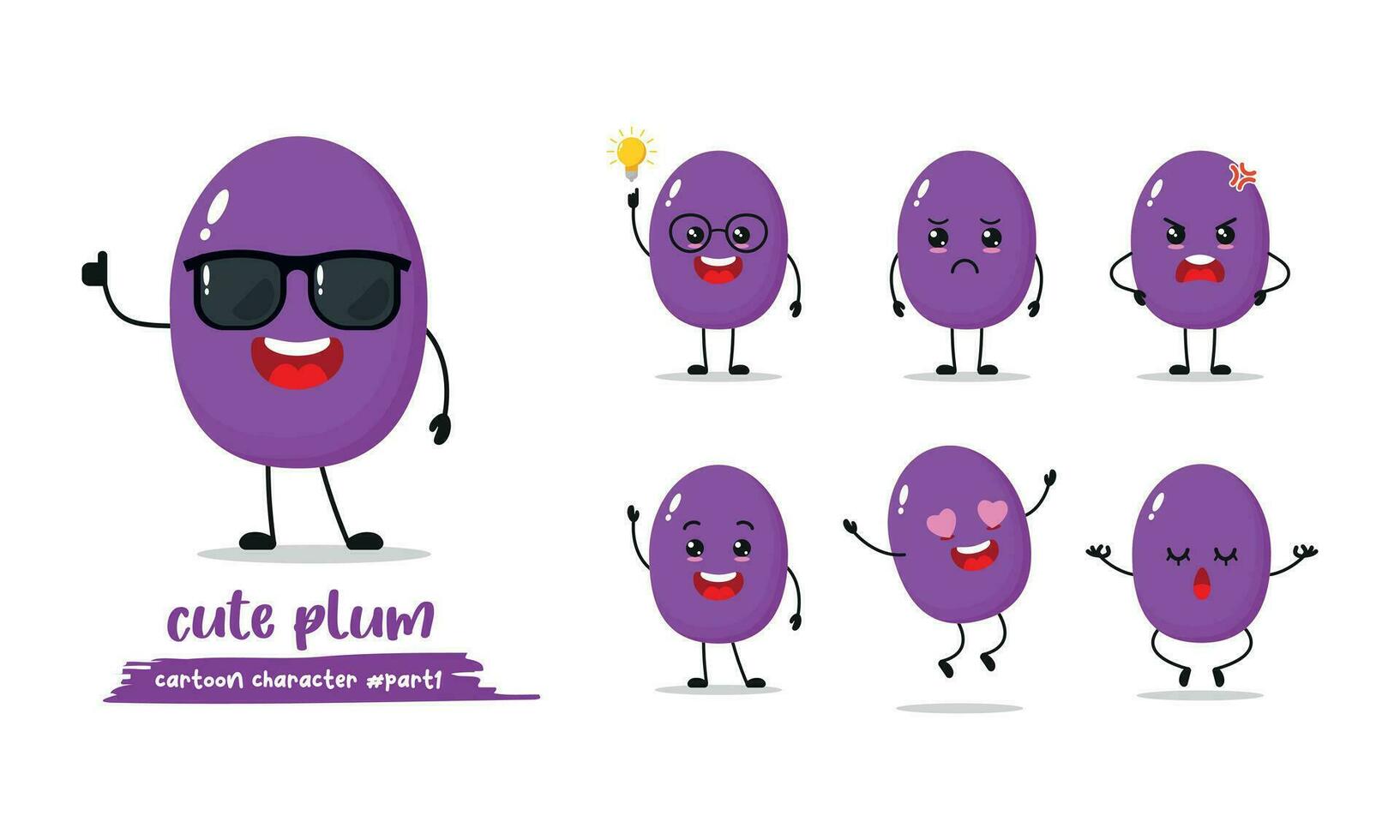 Cute purple happy plum wear sunglasses character. Funny fruit emoticon in flat style. Different Face Expression Emoji vector illustration. Healthy vegetarian food.