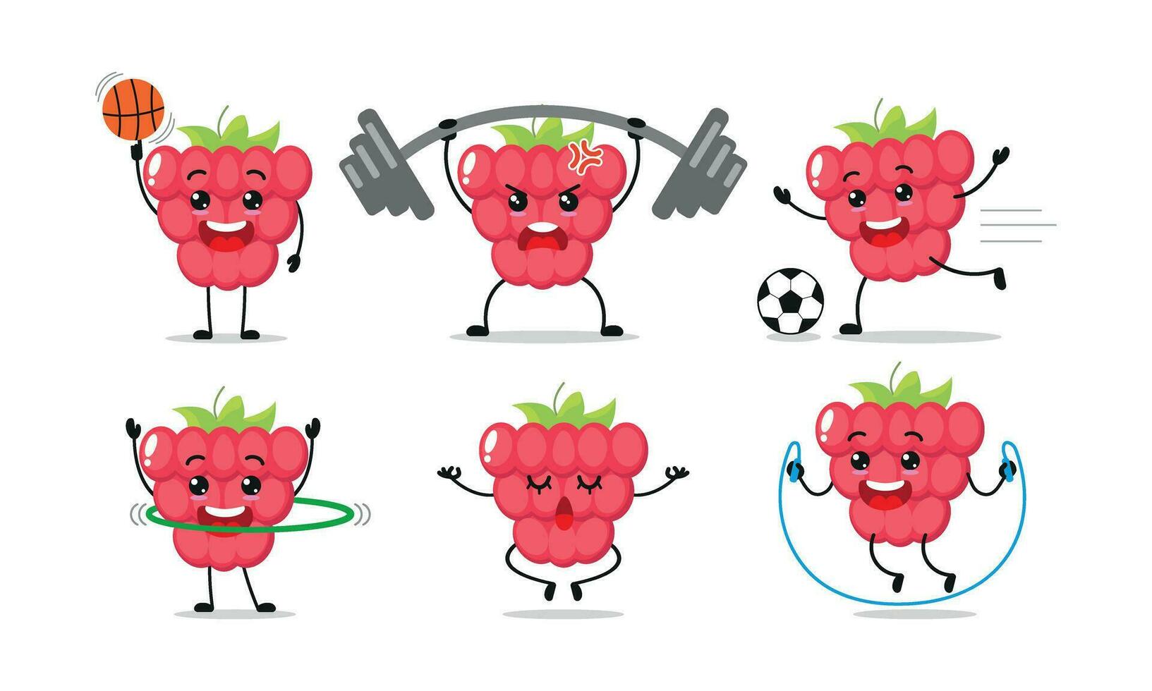 frambuesa ejercicio diferente deporte actividad vector ilustración pegatina. Fruta muchos cara expresión colocar.