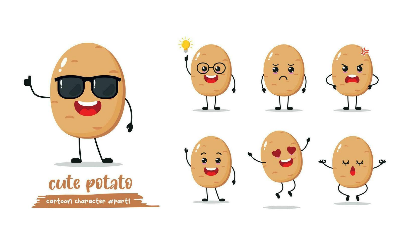 linda contento patata vestir Gafas de sol conjunto diferente actitud cara expresión. gracioso dibujos animados comida en plano estilo. vegetal emoji vector ilustración.