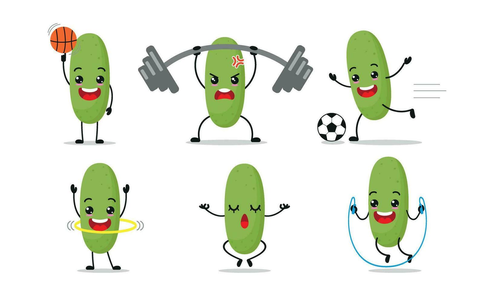 Cucumber Exercise Different Sport Activity Vector Illustration Sticker. Zucchini Many Face expression set.