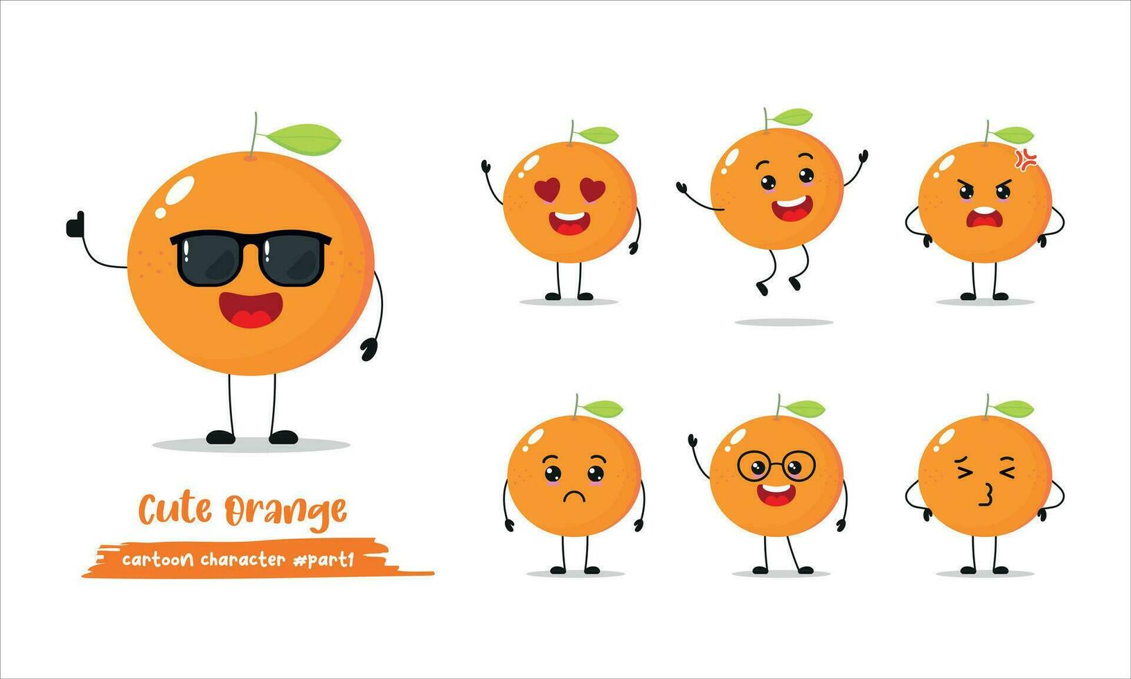 Cute happy orange tangerine wear sunglasses character. Funny fruit emoticon in flat style. Different Face Expression Emoji vector illustration