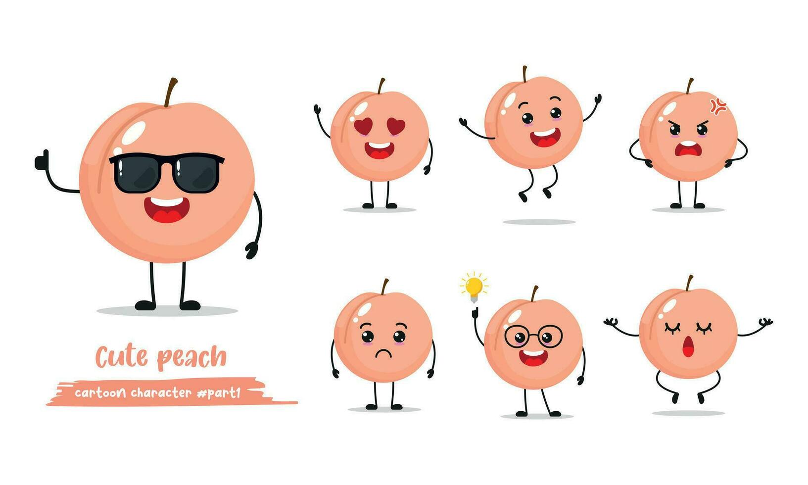 Cute happy pink peach fruit different emotion activity. Funny peach fruit in flat style. Peach vector emoji cartoon illustration.