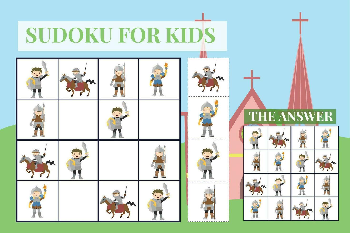 Sudoku sheet for kids. Education worksheet for children. Printable puzzle game for preschool.  Medieval theme. Vector file.