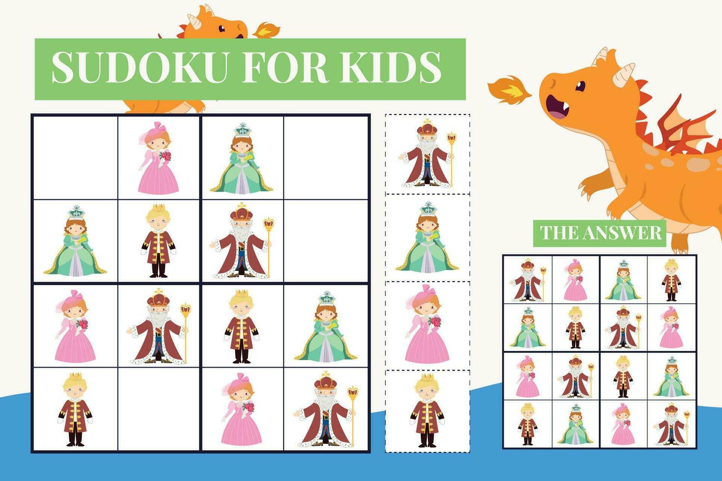 Sudoku sheet for kids. Education worksheet for children. Printable puzzle game for preschool.  Medieval theme. Vector file.