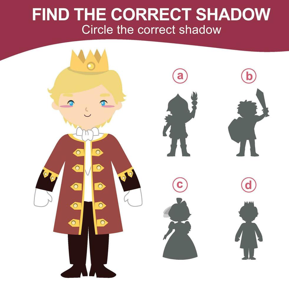 Find the correct shadow. Matching shadow game for children. Worksheet for kid. Educational printable worksheet. Vector illustration.