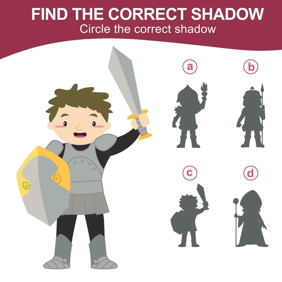 Find the correct shadow. Matching shadow game for children. Worksheet for kid. Educational printable worksheet. Vector illustration.