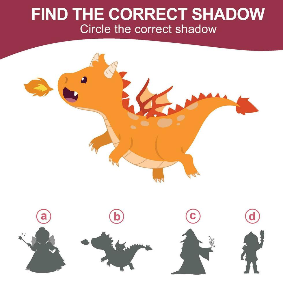 Find the correct shadow. Matching shadow game for children. Worksheet for kid. Educational printable worksheet. Vector illustration.