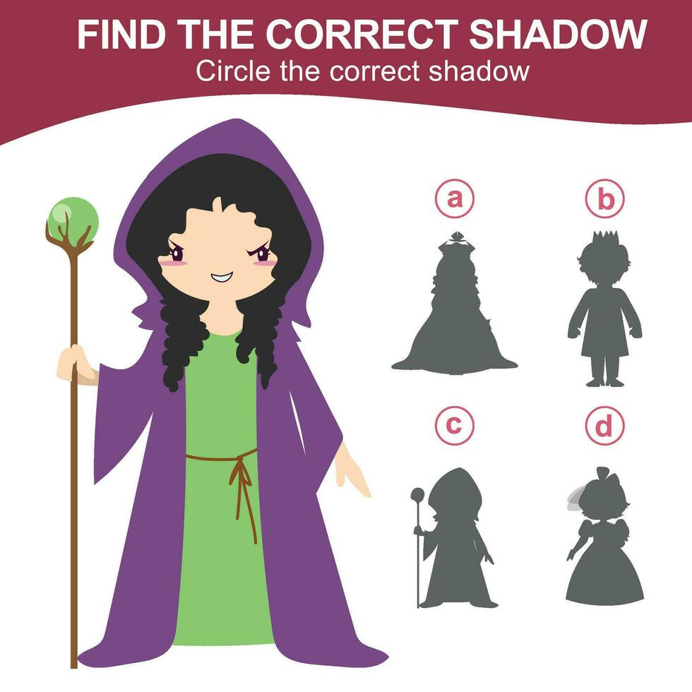 Find the correct shadow. Matching shadow game for children. Worksheet for kid. Educational printable worksheet. Vector illustration.