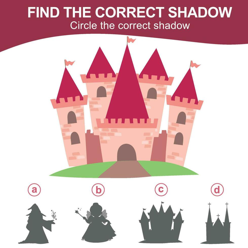 Find the correct shadow. Matching shadow game for children. Worksheet for kid. Educational printable worksheet. Vector illustration.